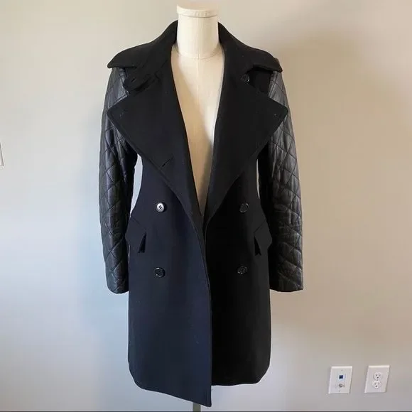 Club Monaco Carolina Wool Pea Coat Leather Sleeves - Picture 9 of 16